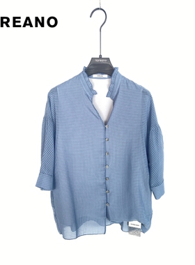 柯利亚诺夏季专柜同款莫兰迪粉蓝色暗纹雪纺连袖衬衫  CW2603