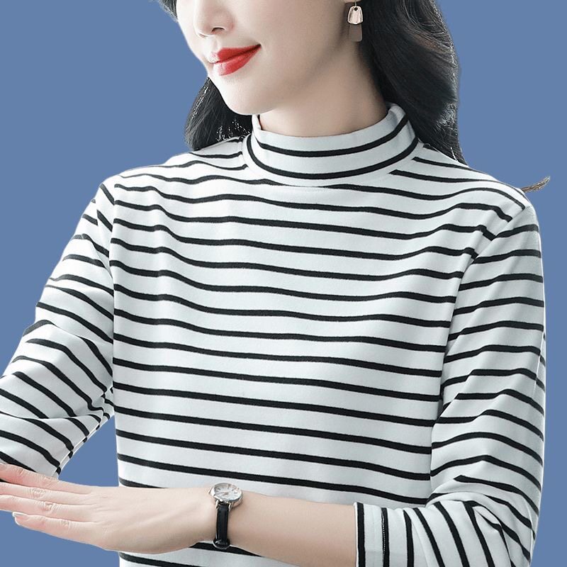 女士秋冬半高领条纹内搭打底衫2025新款洋气妈妈德绒保暖长袖上衣