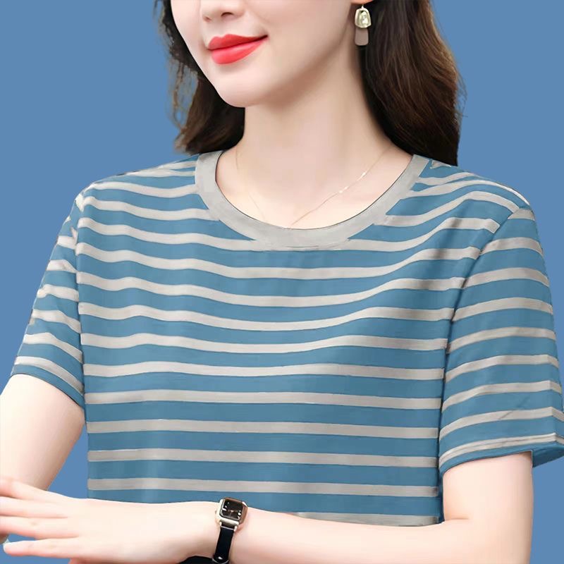 中年妈妈夏装薄款条纹短袖t恤女时尚圆领上衣宽松显瘦洋气半袖衫