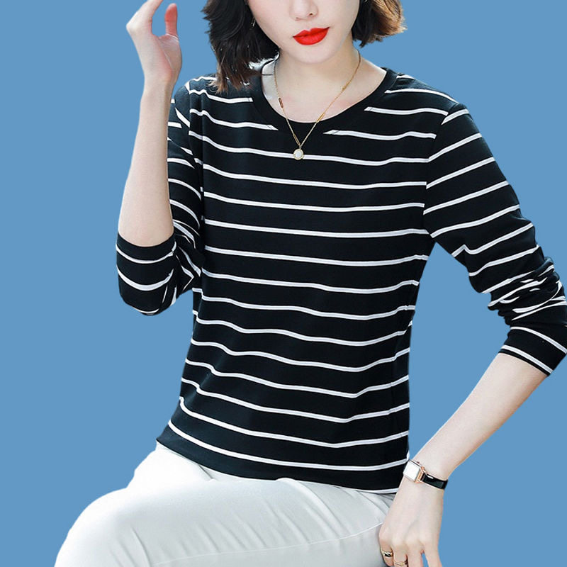 2026新款纯棉长袖t恤女士春秋妈妈装条纹圆领宽松大码上衣打底衫