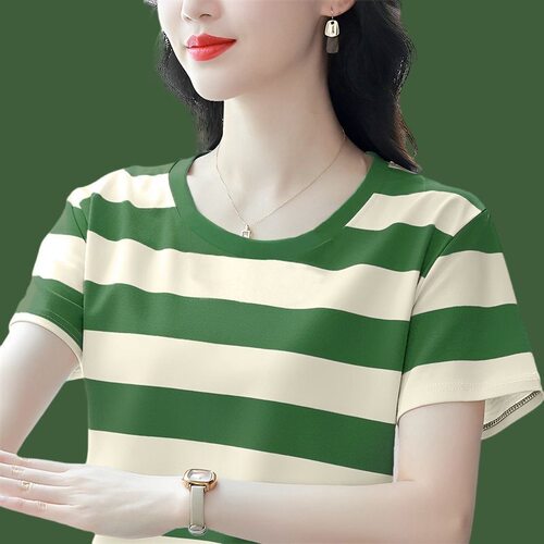 短袖t恤女2026夏季新款纯棉宽松大码女装胖mm洋气条纹圆领上衣服