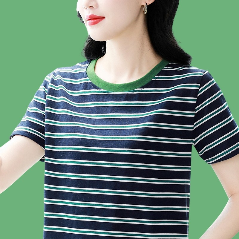 2025新款纯棉短袖T恤女士夏季中年妈妈装条纹圆领上衣薄款体恤衫