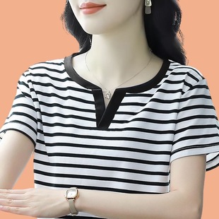 妈妈装 2025新款 高贵洋气大码 纯棉条纹短袖 上衣 t恤女宽松休闲夏装