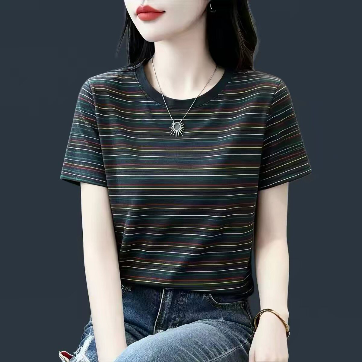 夏季大妈女装新款短袖T恤女款纯棉条纹上衣洋气宽松显瘦薄款半袖