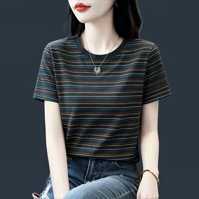 夏季大妈女装新款短袖T恤女款纯棉条纹上衣洋气宽松显瘦薄款半袖