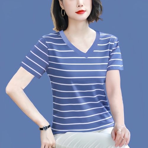 纯棉短袖t恤女士2026夏新款妈妈款洋气高贵小衫宽松大码条纹上衣