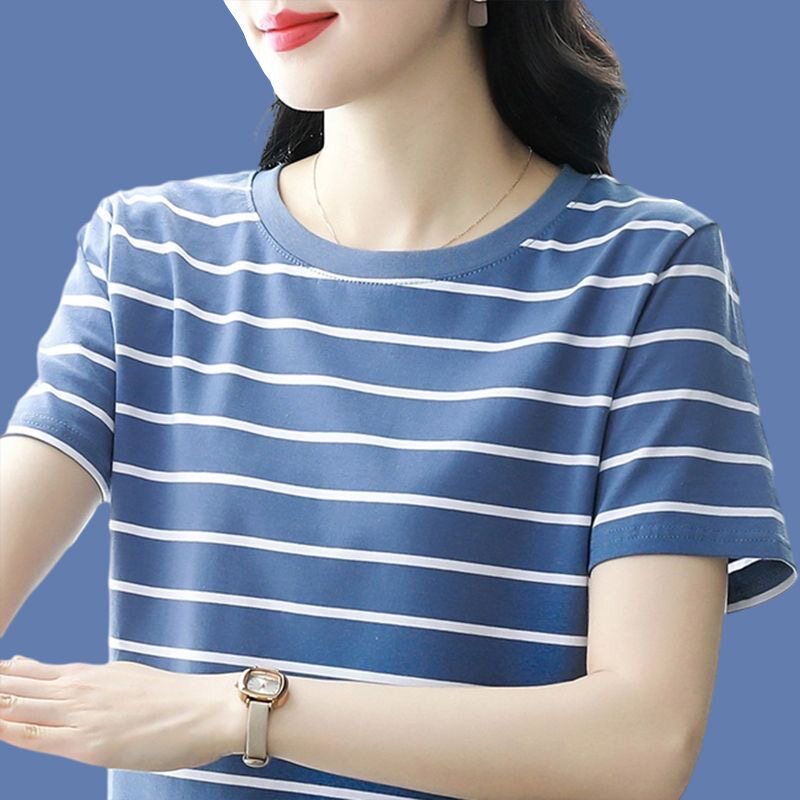 时尚妈妈装纯棉条纹短袖t恤女士宽松上衣夏季胖mm大码圆领体恤衫