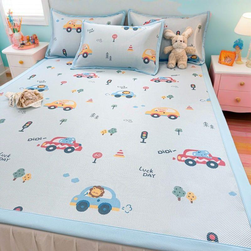 卡通汽车夏季冰丝藤席凉席三件套凉感单双人空调软席子可水洗床笠