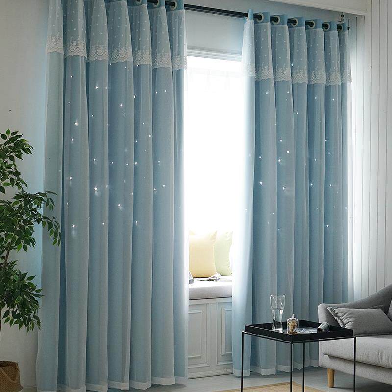 2024ins网红公主风双层镂空星星儿童房飘窗卧室成品遮光窗帘布
