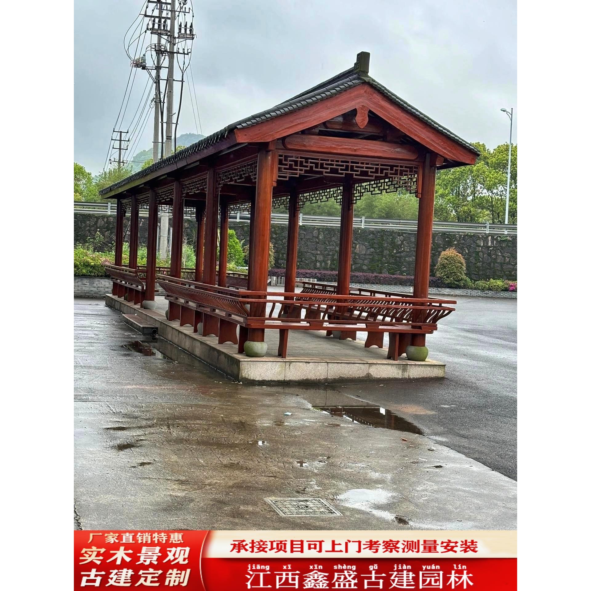 青瓦古建筑廊道园林景观桥廊道凤梨纹风雨廊道庭院防腐木彷古水亭