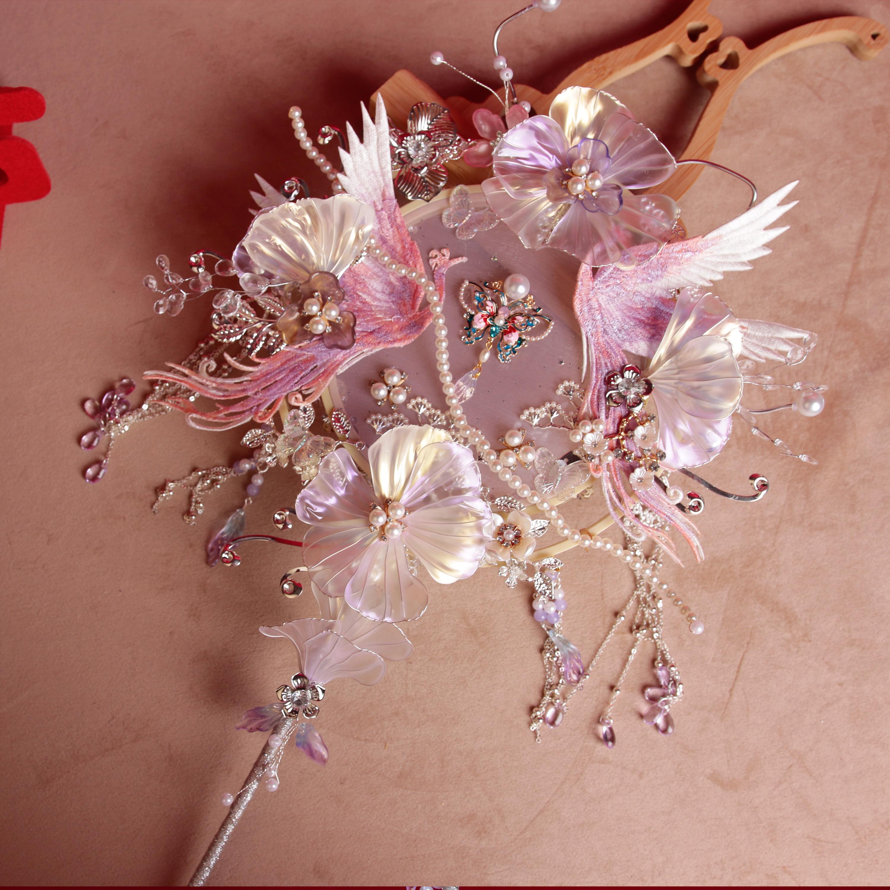 雪亭坊喜扇香槟凤求凰团扇新娘结婚DIY材料包中式龙凤褂手捧花diy