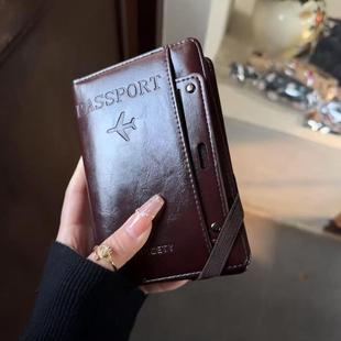 皮质深棕色多功能护照夹证件收纳包机票钱包一体防盗刷多合一卡包
