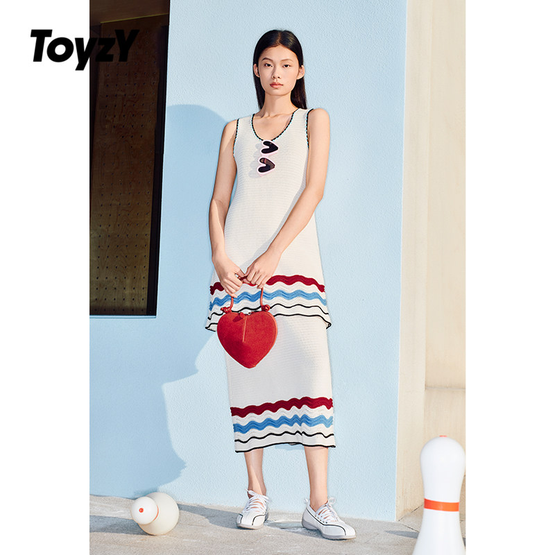 ToyzY 2025春新款度假风波浪条纹纯棉针织半身裙长裙