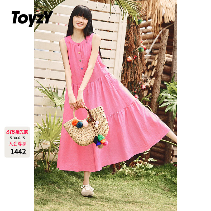 ToyzY彩色扣子亚麻无袖连衣裙女夏季度假风宽松长款ZC35205680