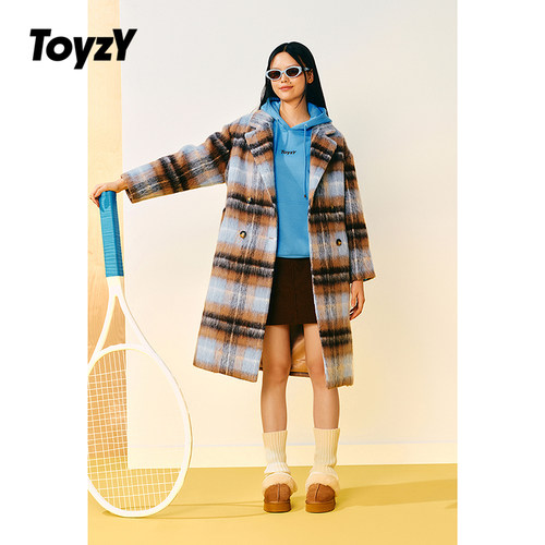 ToyzY羊毛混纺中长系带格纹大衣