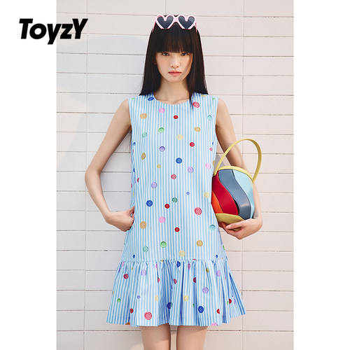 ToyzY2025夏新款真丝棉多巴胺纽扣印花无袖连衣裙短款百褶背心裙