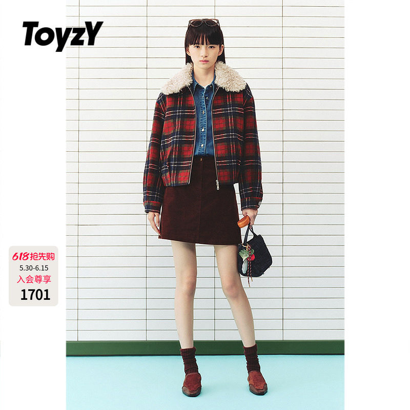 ToyzY复古红色格纹毛呢短外套女可拆卸毛领2026春新款ZC36110630