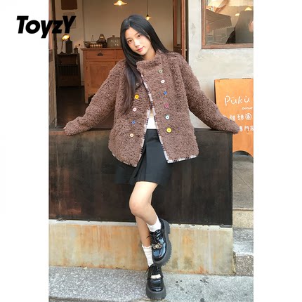 ToyzY彩色扣子立领羊毛颗粒绒外套女拼格纹2025冬新款ZC35510060