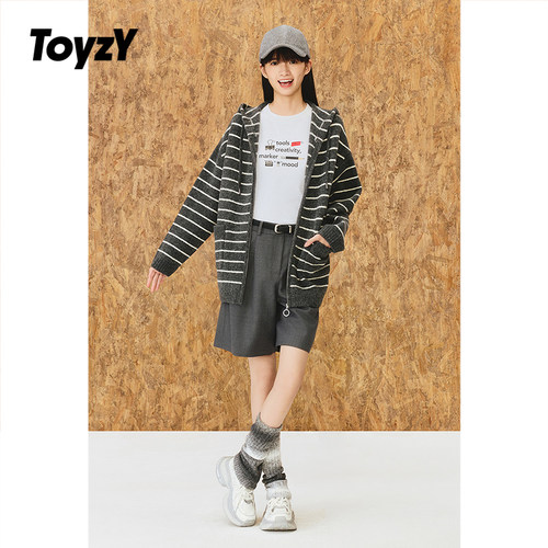 ToyzY 慵懒风条纹连帽毛衣开衫外套女宽松2025秋新款ZC35306250