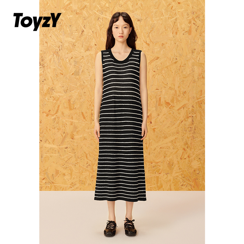 ToyzY慵懒长款条纹亚麻针织裙