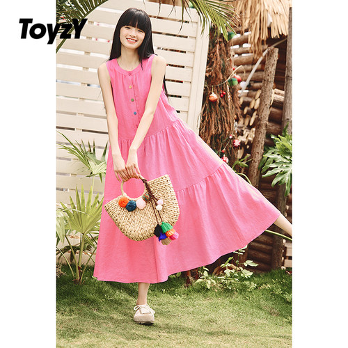 ToyzY2025夏季新款多巴胺亚麻拼接背心裙长款度假风无袖连衣裙