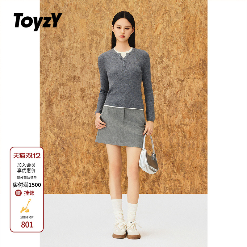 ToyzY 亨利领假两件针织衫上衣女100%绵羊毛2025冬新款ZC35560750