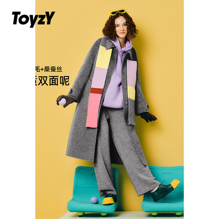 ToyzY灰色羊毛驼绒真丝双面呢大衣外套女长款冬季ZC34510190