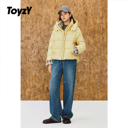 ToyzY保暖立领格纹连帽面包羽绒服女鸭绒2025冬新款ZC35508220