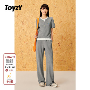 长裤 ToyzY2025夏季 T恤上衣女 休闲运动风小狗刺绣亨利领短袖 新款