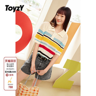 针织上衣 多巴胺彩色条纹polo领钩针镂空短袖 ToyzY2025夏季 新款