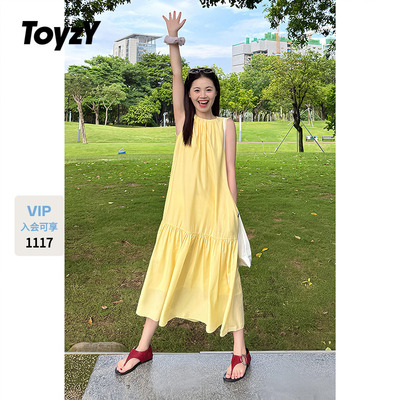 ToyzY2025秋新款鹅黄色无袖连衣裙长款度假风背心裙ZC35305430