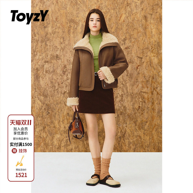 ToyzY仿羊羔绒pu皮毛一体短外套