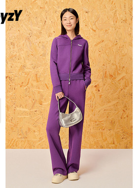 ToyzY24冬新款保暖拉毛内里紫色连帽卫衣外套女+直筒休闲女裤