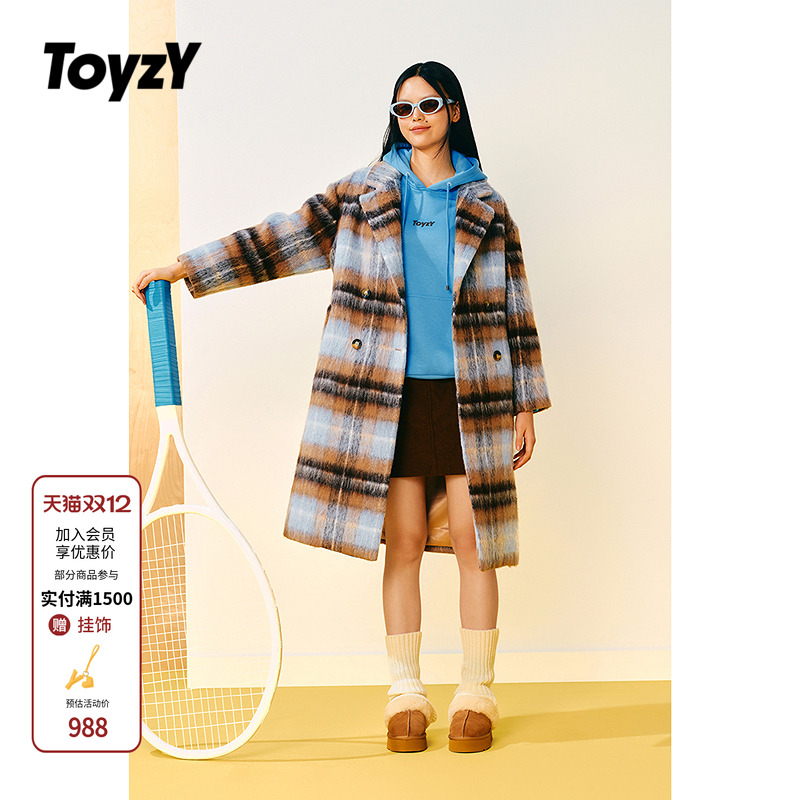 ToyzY羊毛混纺中长系带格纹大衣
