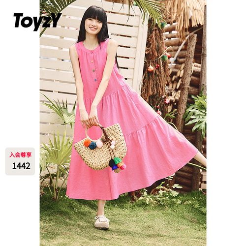 ToyzY彩色扣子亚麻无袖连衣裙女夏季度假风宽松长款ZC35205680