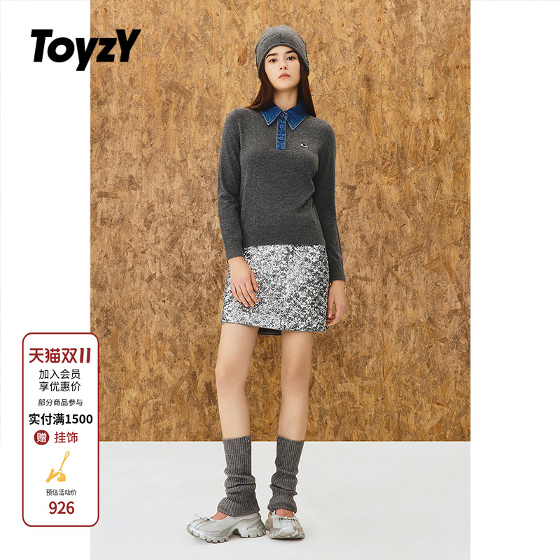 ToyzY 牛仔polo领针织衫上衣女可爱小狗刺绣2025冬新款ZC35506330