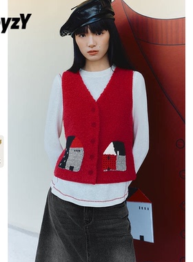 ToyzY【童话镇】红色羊毛v领针织马甲背心女2026春新款ZC36104050