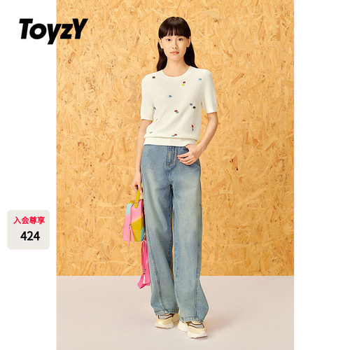 ToyzY彩色串珠刺绣短袖针织上衣女夏季圆领薄款ZC35206510
