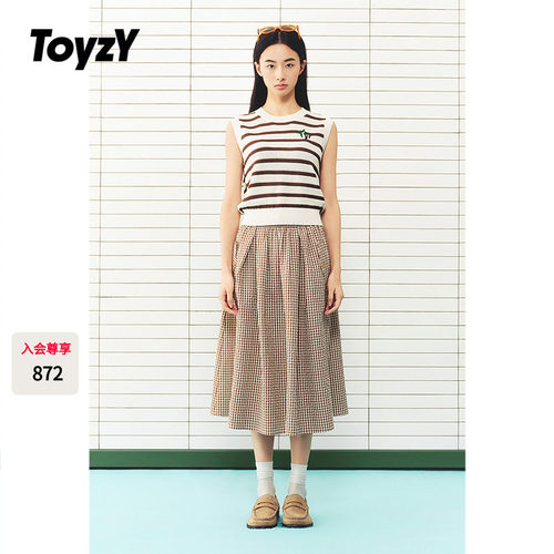 ToyzY复古格子褶皱半身裙2026夏季新款翻袋斜插袋伞裙ZC36250400
