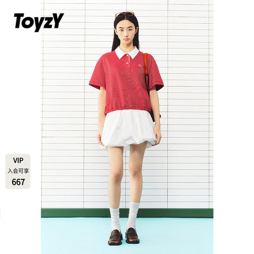 ToyzY2026夏季新款撞色翻领条纹针织短款T恤女上衣ZC36260010