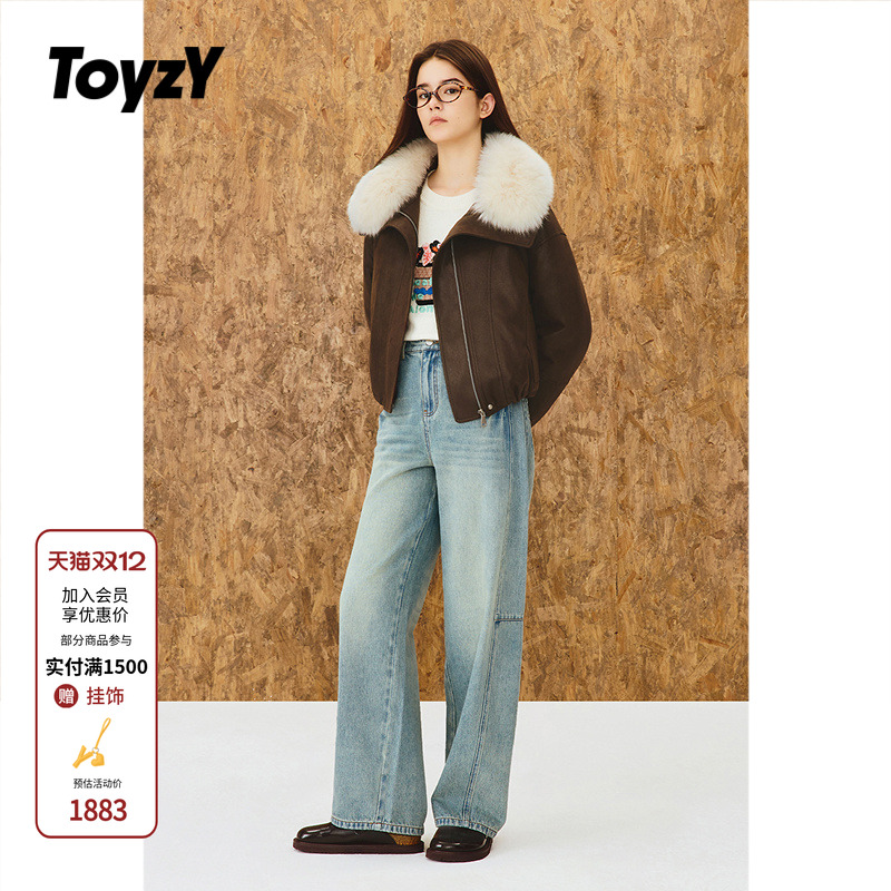 ToyzY狐狸毛领环保仿麂皮羽绒服女短款鸭绒2025冬新品ZC35508180