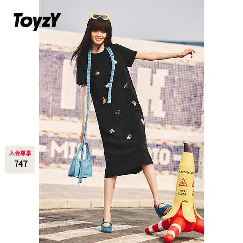 ToyzY趣味手工刺绣短袖T恤连衣裙女夏季长款宽松休闲风ZC35205430