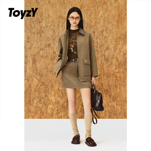 ToyzY100%绵羊毛大衣女pu皮领巴恩风外套2025冬新款ZC35510270