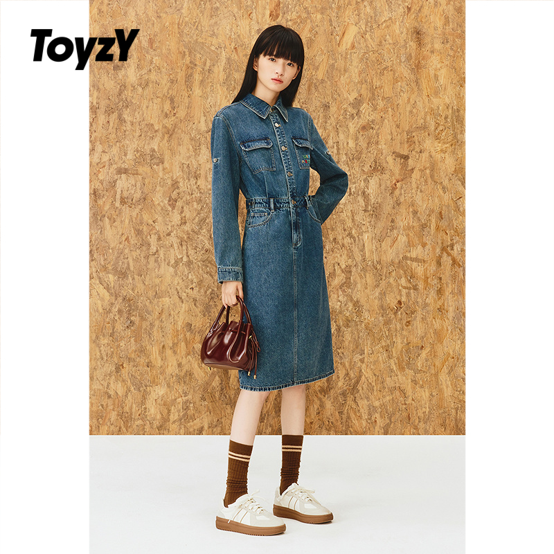 ToyzY2025秋季新款彩色米珠刺绣衬衫式牛仔连衣裙ZC35305100