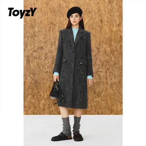 ToyzY彩点纱西装领大衣外套女长款羊毛混纺2025冬新品ZC35580060