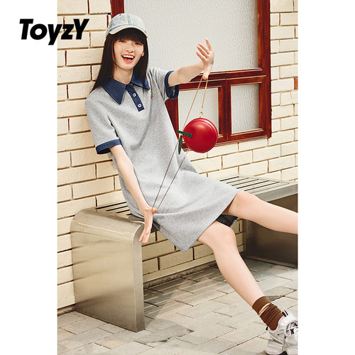 ToyzY2025夏季新款棉质空气层拼接polo领短袖连衣裙休闲风T恤裙