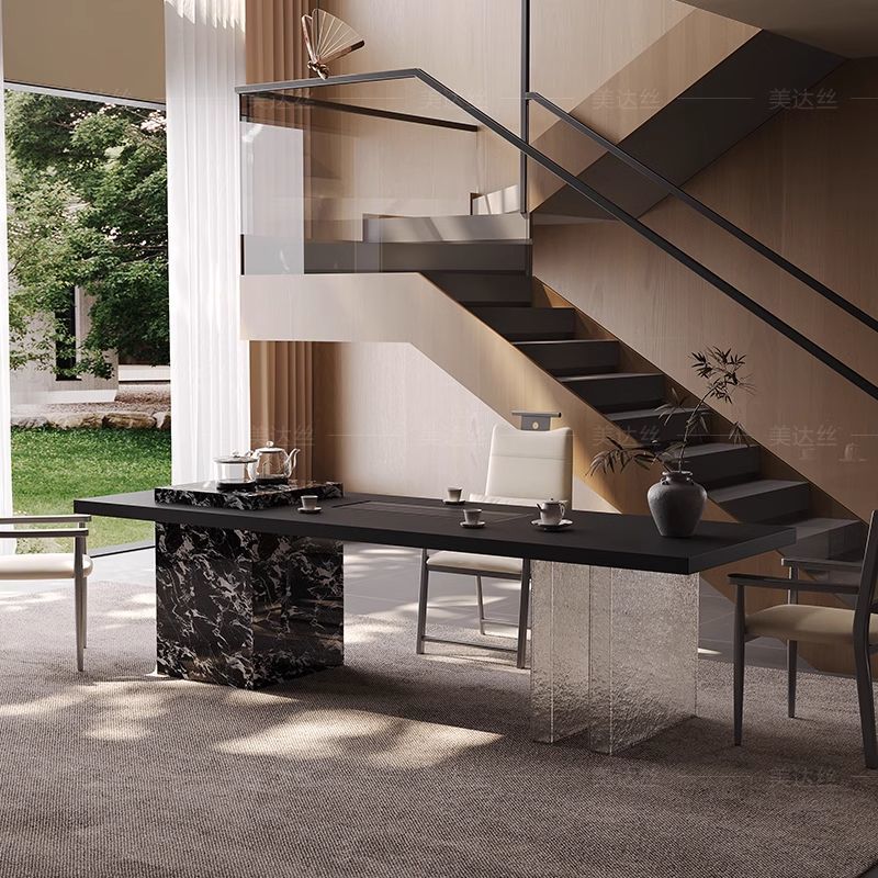 别墅设计师意式极简茶桌亚克力黑色茶台岩板奢石岛台茶桌新款高端