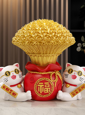 现货速发大麦招财猫摆件玄关店铺公司前台收银台桌面装饰品新店开