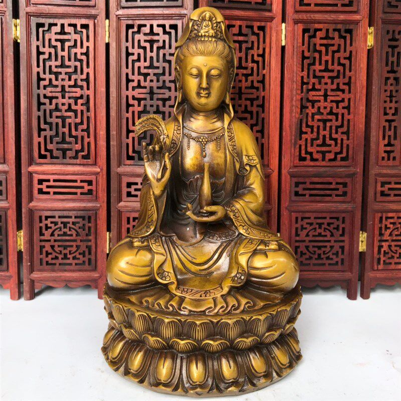 现货速发铜仿古铜器柳枝净瓶坐莲花观音菩萨家居工艺品
