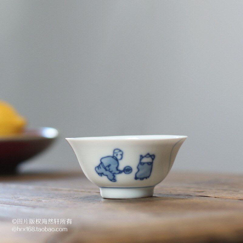速发1VPR老潮州茶具90年代青花薄胎茶盏杯功夫茶杯高温陶瓷釉下彩